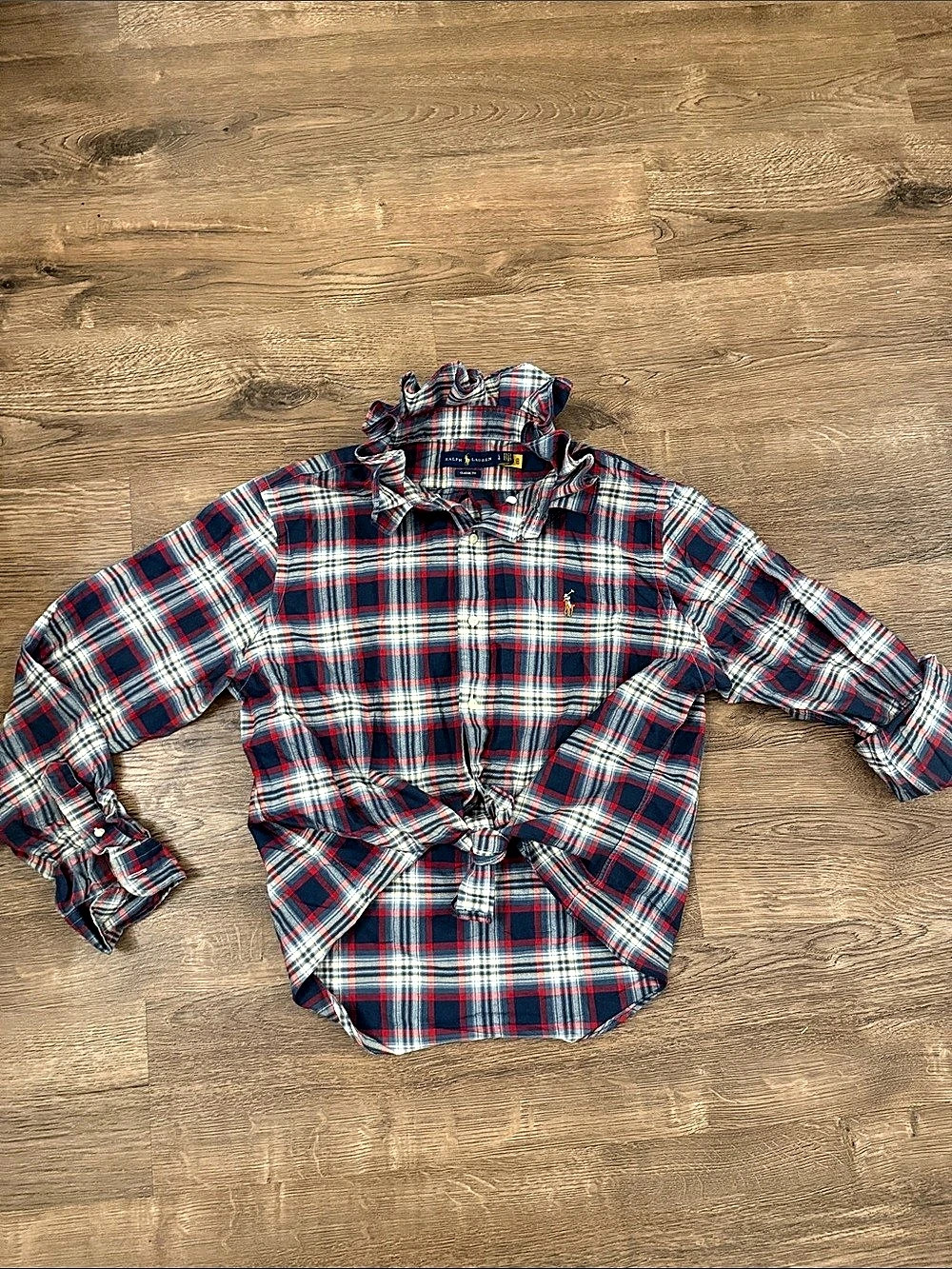 Upcycled Ralph Lauren Classic Fit Plaid Button Down in Blue & Red Size Medium